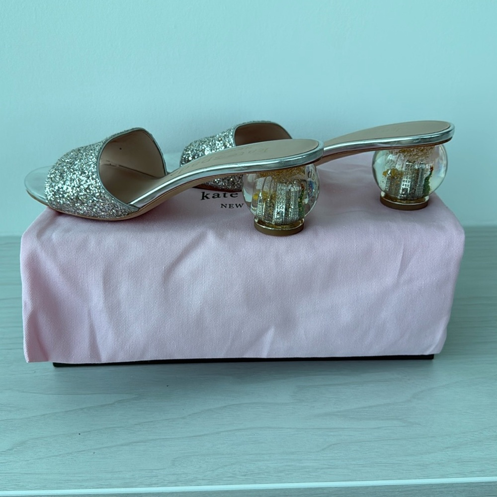 Kate Spade polished Glitter kitten heel with NYC city sky line in the heel!